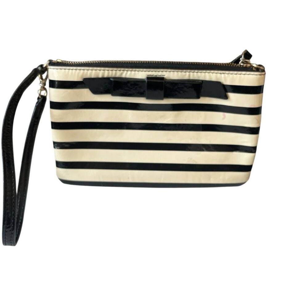 Kate Spade Lolly Chelsea Park Patent Leather Stripe Black Cream Wristlet READ